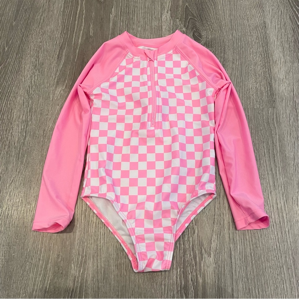 Wonder Nation Toddler Girls Pink Plaid Zip Rashguard Swimsuit 1 Piece Size 4T